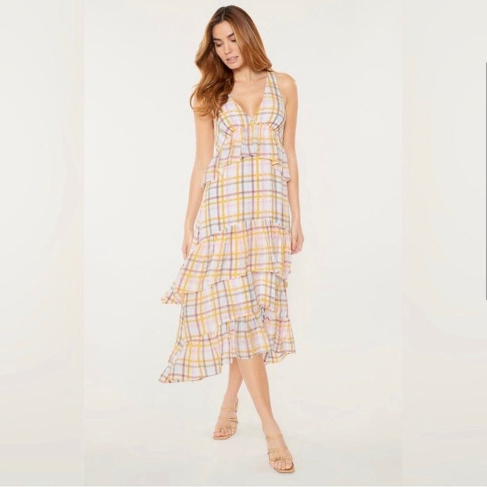 Cinq a Sept Astor Plaid Poplin Midi Dress Size 12 V-Neck Ruffle NWT $465